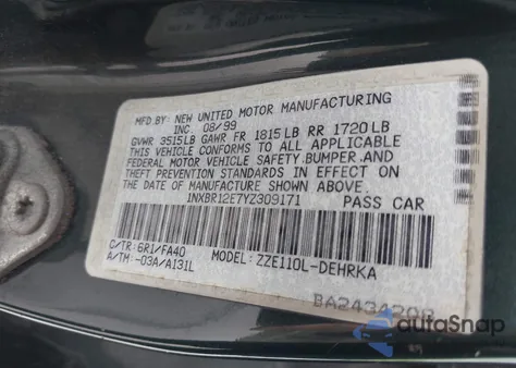 2000 Toyota Corolla Ve z USA, uszkodzony, nr VIN 1NXBR12E7YZ309171